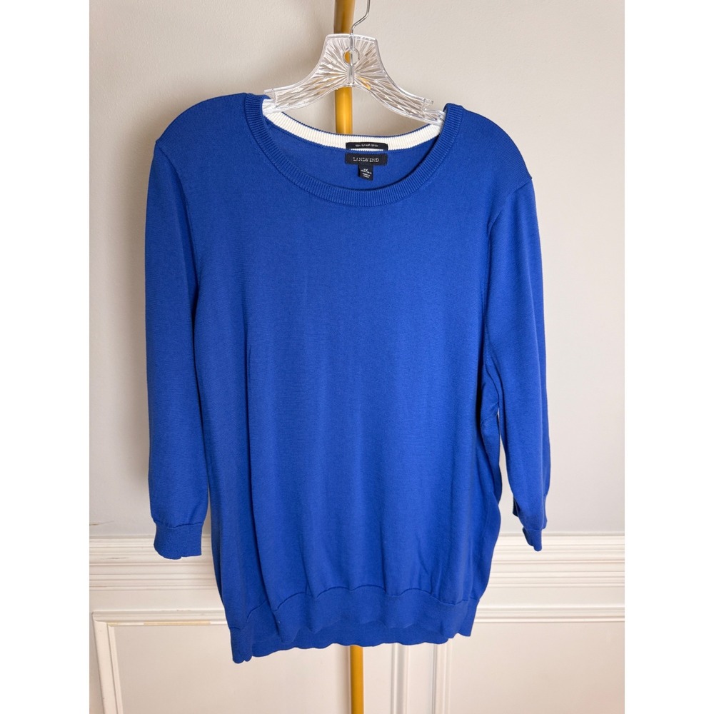 Lands End Sweater Women 1X Blue Supima Cotton 3/4 Sleeve Pullover - Picture 1 of 6